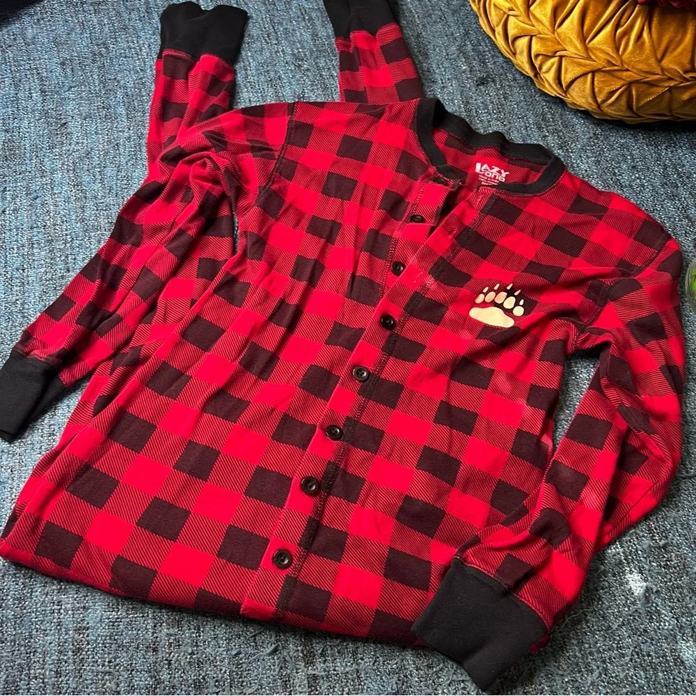 Lazy One Adult Medium Buffalo Plaid One Piece Pajama Flap Jacks in Red Black